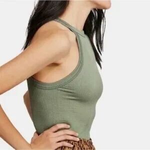 Free People Olive Green racer‎ back high neck Ribbed Tank Top